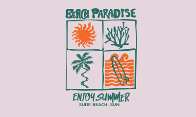 Wall Mural - Surf club design. Beach modern abstract art. Ocean abstract wave art. Here come the sun. Summer vibes artwork. Beach paradise design. Enjoy summer.