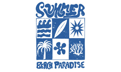 Wall Mural - Ocean abstract wave art. Here come the sun. Summer vibes artwork. Surf club design. Beach modern abstract art. Wave, surfing board, sun, flower and palm tree artwork.
