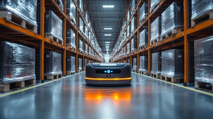 Poster - A robot moves along the polished floor of a spacious warehouse lined with tall shelves stacked with pallets, optimizing distribution and storage processes during operations.