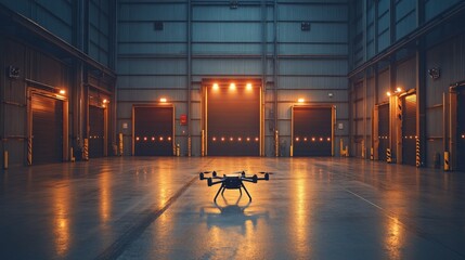 Poster - A drone sits in the center of a spacious warehouse, preparing for logistics tasks under soft lighting while closed cargo doors line the walls.