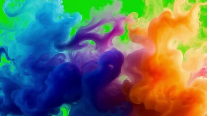 Leinwandbilder - Vibrant color smoke in blue, purple, and orange floats against a green backdrop. Perfect for creative projects and digital artwork.