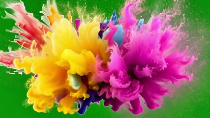Fototapete - Vibrant explosion of colored powder creating a beautiful abstract pattern on a bright green background.