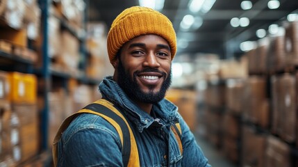 Poster - A happy warehouse worker sits among neatly stacked boxes, showcasing an organized logistics space dedicated to distribution and inventory management.