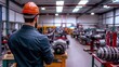 © I Am The Future - A production supervisor giving instructions to workers in a manufacturing plant, holding a walkie-talkie and pointing at the assembly line.