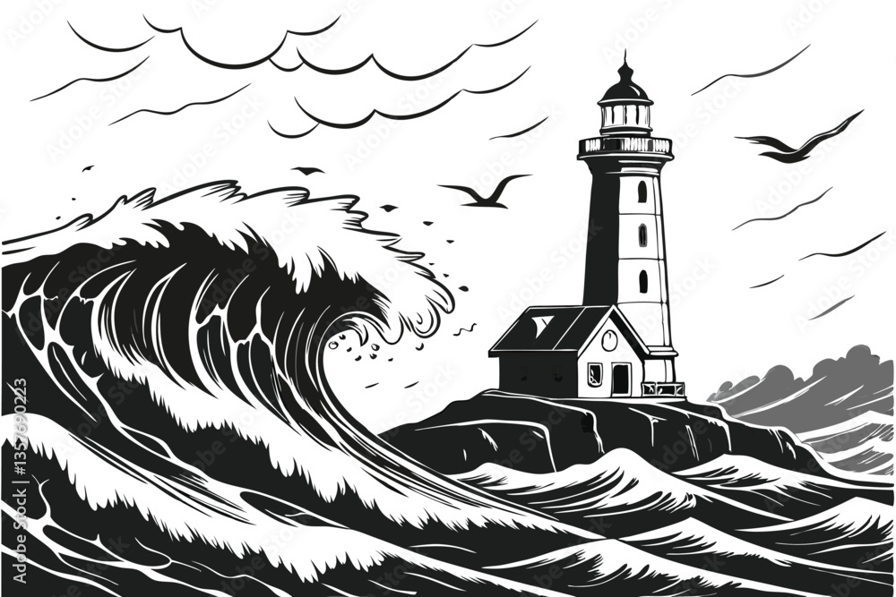 29 lighthouse in stormy sea, dramatic waves crashing, black and white ...
