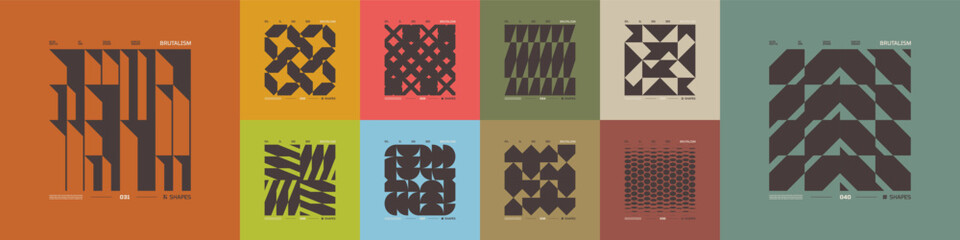Leinwandbilder - Kit of Postmodern geometric compositions with abstract shapes in brutalism aesthetics, mosaic of brutal figures, trendy color retro futuristic elements, vector modernist ornament, cards art 4