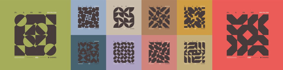 Leinwandbilder - Kit of Postmodern geometric compositions with abstract shapes in brutalism aesthetics, mosaic of brutal figures, trendy color retro futuristic elements, vector modernist ornament, cards art 3