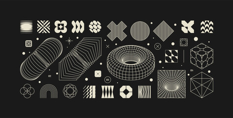 Poster - Vector graphic assets kit acid style, Postmodern abstract geometric shapes with wireframe elements of different forms, Y2K trendy design in brutalism aesthetic, template symbols set 8