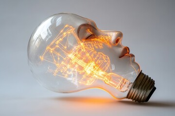 Wall Mural - a glowing lightbulb shaped like a human head symbolizes creativity, innovation, and the power of ide