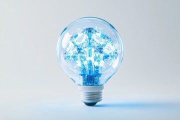 Wall Mural - a transparent lightbulb with a complex, glowing blue internal structure, representing innovation and