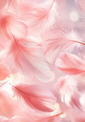 Leinwandbilder - Beautiful pink feathers against a soft, pastel-colored background, with bokeh lights in the background