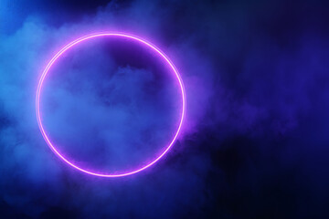 Wall Mural - neon violet ring shrouded in smoke or fog. dark background. glow effect. 3d rendering. modern style.