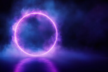 Wall Mural - neon violet ring shrouded in smoke or fog. dark background. glow effect. 3d rendering. modern style.
