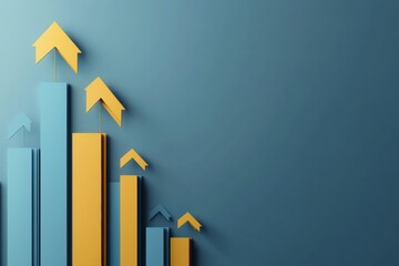 Poster - Modern business background with layered paper cut bar charts and upward arrows in gold and blue color scheme Generative AI