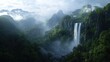 © MOPP - A breathtaking waterfall cascades through lush green mountains, surrounded by mist and trees, creating a serene and tranquil natural scene.