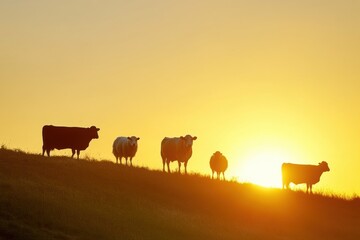 Aufkleber - Minimalist silhouette of livestock on a hill at sunrise, displaying peaceful rural life in warm golden tones Generative AI