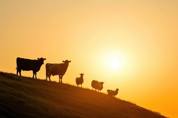 Aufkleber - Silhouettes of cows, sheep, and chickens on a hill during sunrise casting a warm glow over a peaceful rural landscape Generative AI