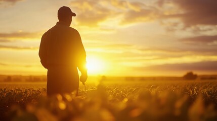 Aufkleber - Silhouette of a farmer in a vast field at sunrise with golden light illuminating the horizon Generative AI