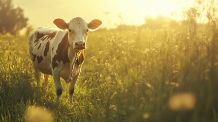 Aufkleber - Peaceful dairy cow resting in a lush green meadow under golden sunlight with a natural background of earthy tones Generative AI