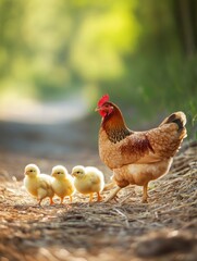 Poster - Mother hen and her chicks walking on soft straw ground in warm natural tones with a blurred background Generative AI