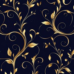 Poster - Seamless luxury pattern featuring intricate golden swirls on a deep navy background with vintage elegance Generative AI