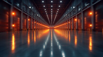 Poster - Large warehouse features organized storage areas and smooth reflective floors illuminated by bright overhead lights, indicating efficient logistics and distribution activities.