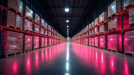 Aufkleber - Long narrow aisle of a warehouse showcasing illuminated storage racks loaded with packaged inventory. The polished floor reflects colorful lights, highlighting organized cargo.