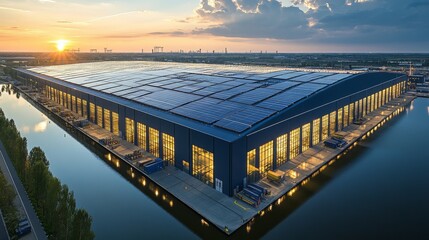 Poster - Bright sunlight casts a warm glow on a large warehouse equipped with solar panels, reflecting off the water while showcasing an efficient logistics center during sunset.