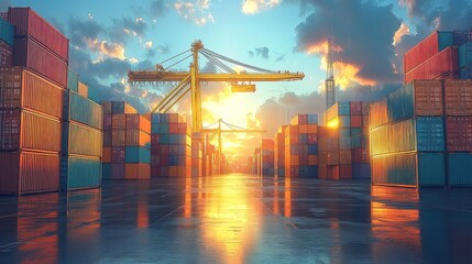 Aufkleber - Bright colors fill the sky as the sun sets over a warehouse bustling with various shipping containers, highlighting a busy distribution area dedicated to logistics and inventory management.
