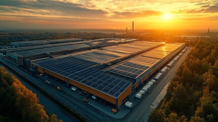 Poster - A large logistics warehouse features solar panels on the roof, lined with trucks ready for freight distribution as the sun sets, creating a vibrant sky and optimizing cargo storage.