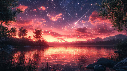 Wall Mural - beautiful, serene scene of a lake with a star shooting across the sky. the sky is filled with stars,