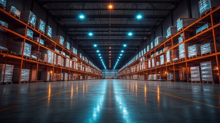 Poster - Large warehouse features multiple storage racks filled with goods, illuminated by overhead lights, ensuring efficient inventory management and distribution activities.
