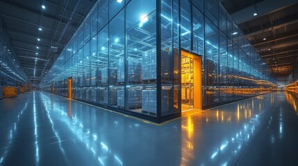 Poster - A spacious, high tech warehouse features well lit storage areas with neatly organized shelves.