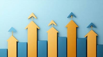 Fototapete - Modern business background with layered bar charts and upward arrows in gold and blue Generative AI