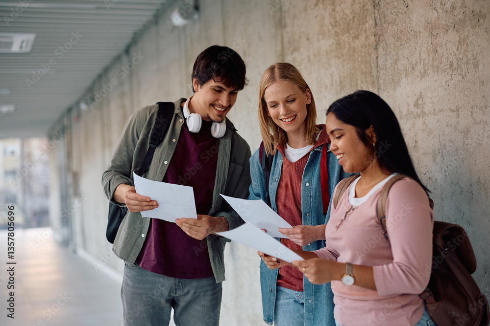 Happy students analyzing their test results at university. Stock Photo ...