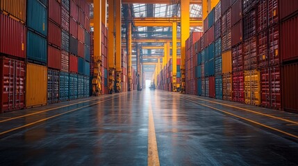 Poster - Rows of colorful cargo containers fill a spacious warehouse, outlining clear paths for vehicle movement.
