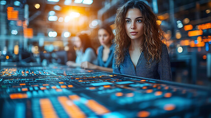 Focused young woman working at a futuristic control panel, surrounded by colleagues.  Represents innovation, technology, and teamwork. Ideal for tech, engineering, and datadriven concepts.