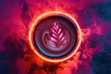 Wall Mural - a vibrant cup of coffee with latte art, enveloped in a glowing ring and smoke, set against a dark ba