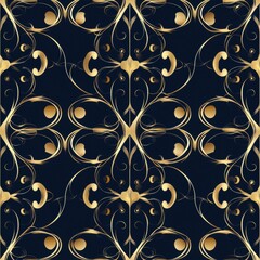 Poster - Seamless luxury pattern featuring intricate golden swirls on deep navy background showcasing regal vintage elegance for décor and design Generative AI