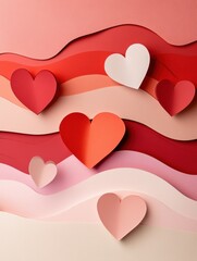 Poster - Romantic layered paper cut design with floating hearts in soft red and pink gradients Generative AI