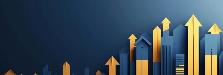 Poster - Modern business background with layered paper cut bar charts and arrows in gold and blue for financial growth and progress Generative AI