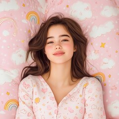 Poster - Soft pastel baby pattern features clouds, rainbows, and twinkling stars for a cozy and cute aesthetic Generative AI