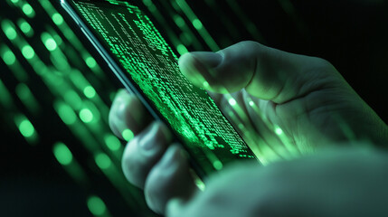 cybersecurity, digital security, phone technology, hacking, encryption, matrix code, binary code, te