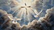 © Jack - A delicate watercolor illustration of doves flying above a shining cross, symbolizing peace and heavenly grace.