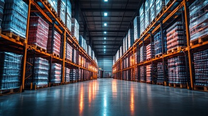 Poster - Brightly lit warehouse features neatly arranged shelves filled with stocked freight, emphasizing efficient logistics and distribution practices for inventory management.