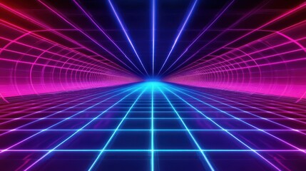 Aufkleber - Futuristic neon tunnel with glowing grid lines, vanishing perspective, and immersive cyberpunk atmosphere, bright electric blue and hot pink lighting creating depth and motion.