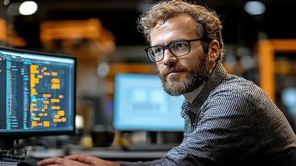 Focused programmer analyzing code on multiple screens in a modern tech workspace