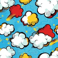 Leinwandbilder - Dynamic pop-art comic pattern featuring bold halftone dots and retro speech bubbles on a vibrant blue background Generative AI
