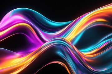 Wall Mural - Abstract fluid 3D render with a black background and holographic, iridescent neon curved wave in motion. Abstract fluid iridescent holographic curved wave in motion colorful gradient design. MZ 