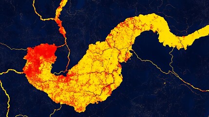 abstract map showing crack lines over yellow and red highlighted areas